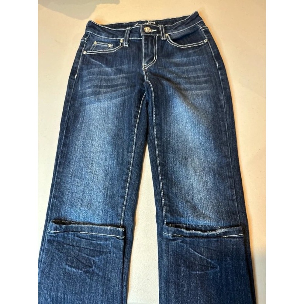 Firefly Womens Dark Wash Bootcut Jeans Silver Wing Rhinestone Flap Pockets Y2K
